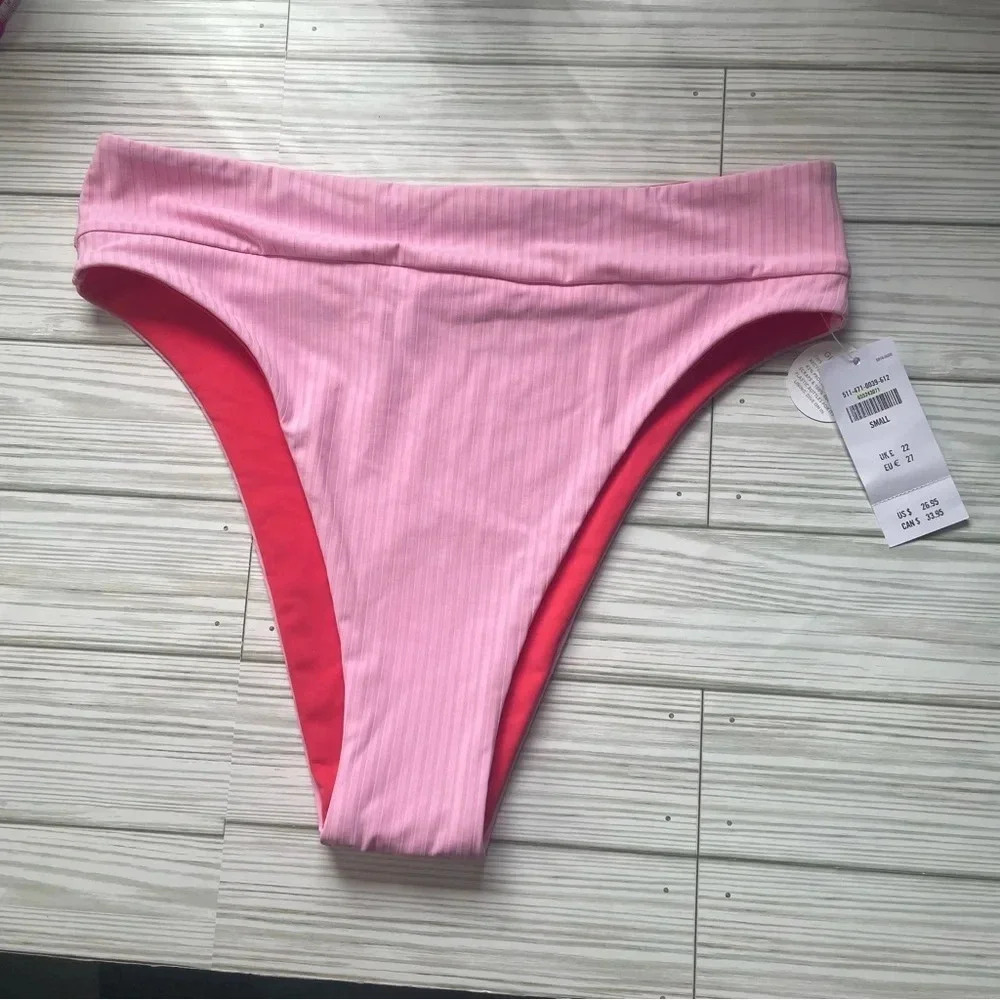 New Gilly Hicks Reversible High Leg Waist Bikini Bottom size small red‎ pink